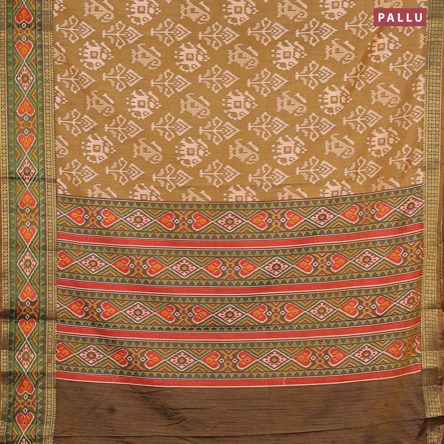 Semi tussar saree elaichi green shade and brown shade with allover ikat weaves and zari woven border