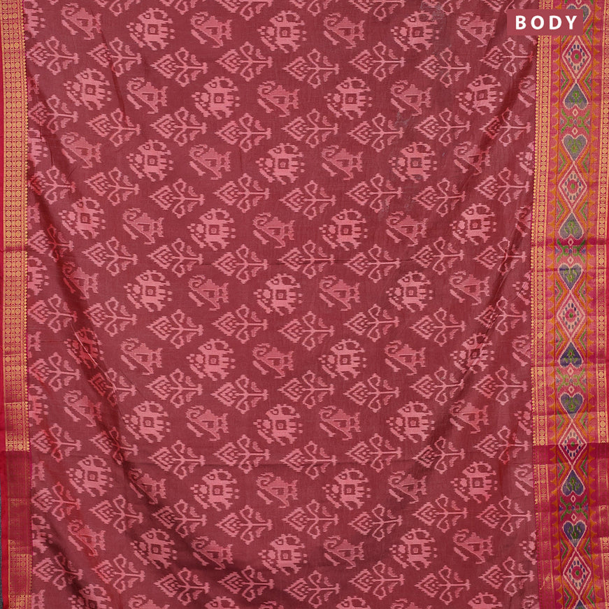 Semi tussar saree maroon shade and pink with allover ikat weaves and zari woven border