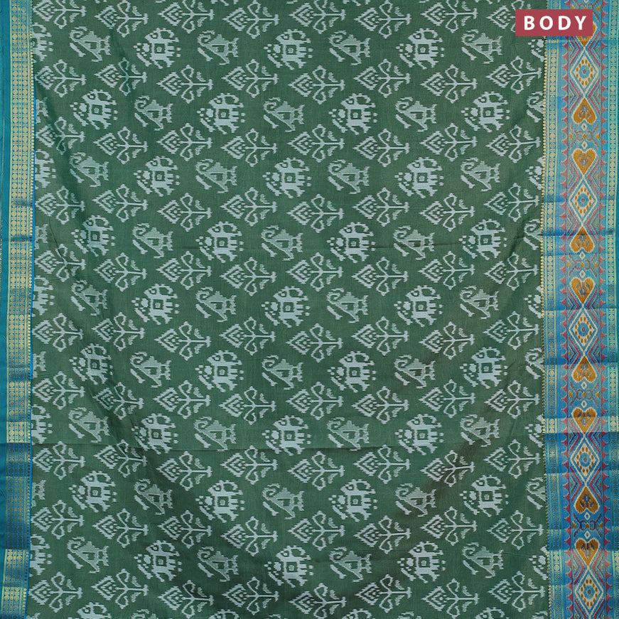 Semi tussar saree green and dual shade of teal bluish green with allover ikat weaves and zari woven border