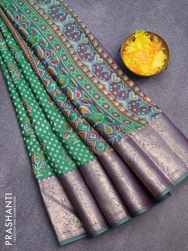 Semi tussar saree green and dual shade of violet with allover ikat weaves and zari woven border
