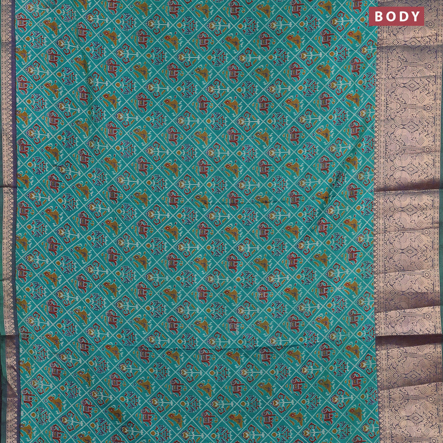 Semi tussar saree teal blue and greenish violet with allover ikat weaves and zari woven border