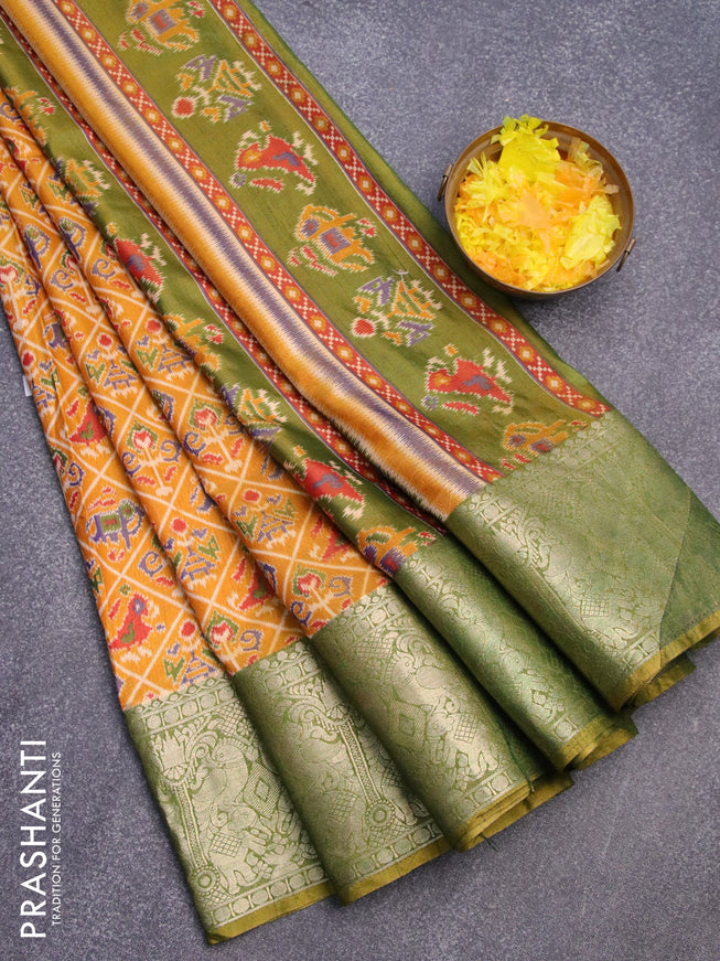 Semi tussar saree mustard yellow and dual shade of greenish yellow with allover ikat weaves and zari woven border