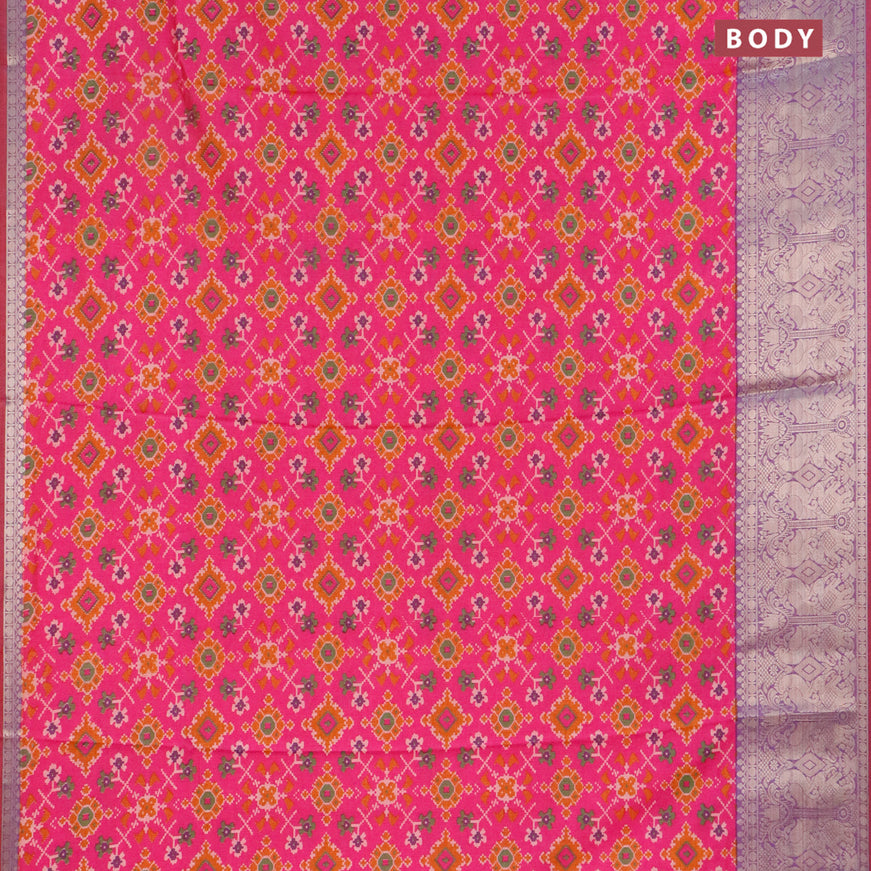 Semi tussar saree pink and dual shade of bluish maroon with allover ikat weaves and zari woven border