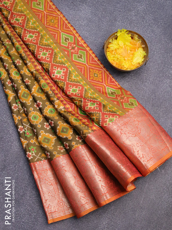 Semi tussar saree mehendi green and dual shade of pinkish yellow with allover ikat weaves and zari woven border