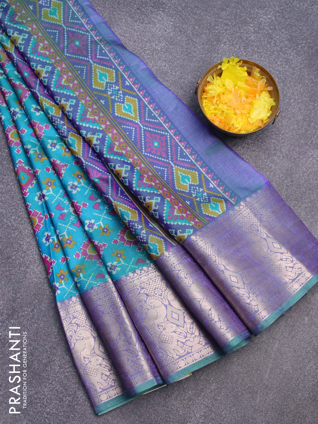 Semi tussar saree teal blue and dual shade of purple with allover ikat weaves and zari woven border