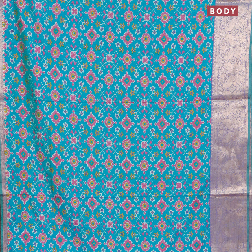 Semi tussar saree teal blue and dual shade of purple with allover ikat weaves and zari woven border