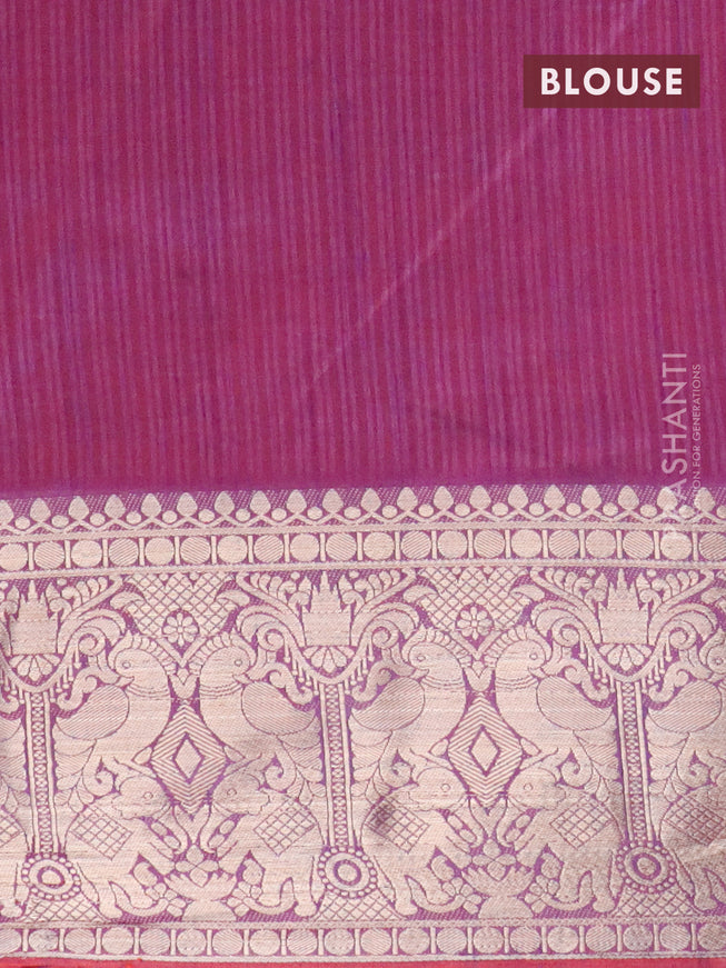 Semi tussar saree pink and dual shade of maroonish blue with allover ikat weaves and zari woven border