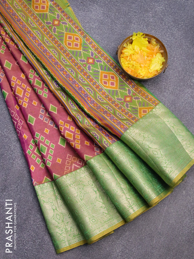 Semi tussar saree dual shade of purple and green with allover ikat weaves and zari woven border