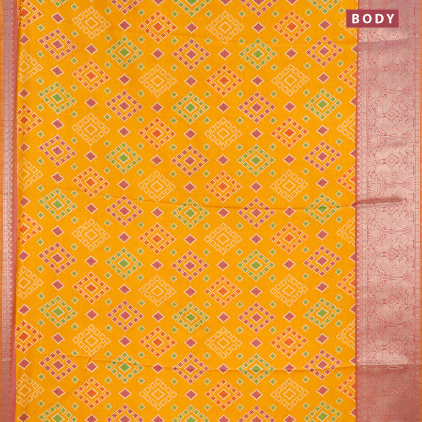 Semi tussar saree mustard yellow and dual shade of purple with allover ikat weaves and zari woven border