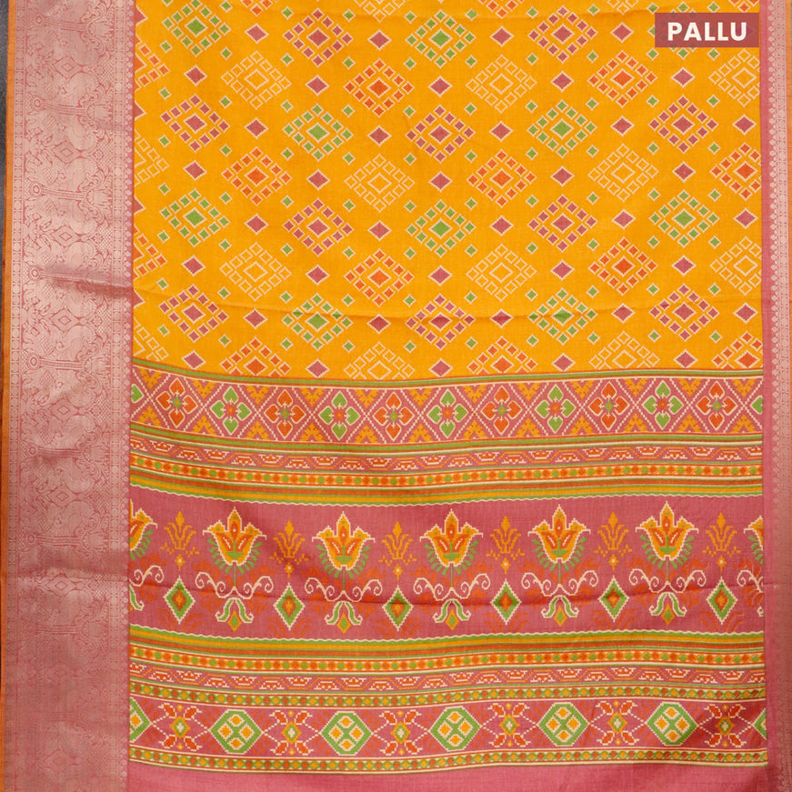 Semi tussar saree mustard yellow and dual shade of purple with allover ikat weaves and zari woven border