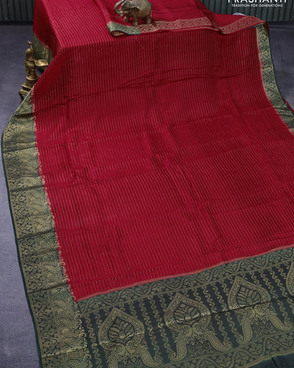 Dola silk saree red and dark green with allover zari stripe weaves and zari woven border & zari butta blouse