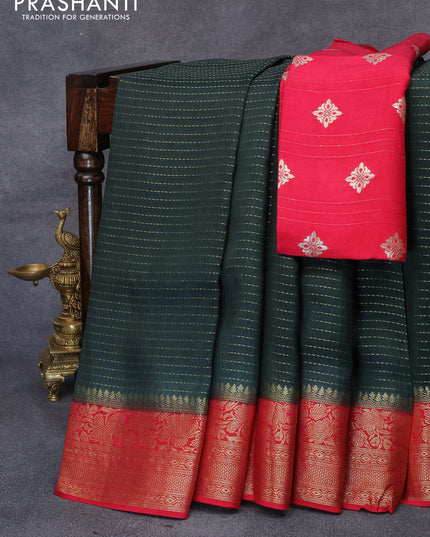 Dola silk saree bottle green and red with allover zari stripe weaves and zari woven border & zari butta blouse