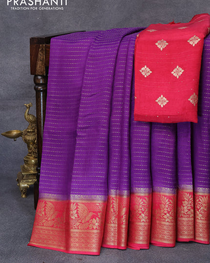 Dola silk saree violet and pink with allover zari stripe weaves and zari woven border & zari butta blouse