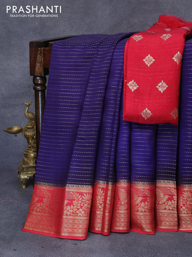 Dola silk saree dark blue and pink with allover zari stripe weaves and zari woven border & zari butta blouse