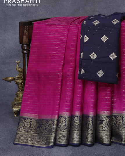Dola silk saree pink and navy blue with allover zari stripe weaves and zari woven border & zari butta blouse