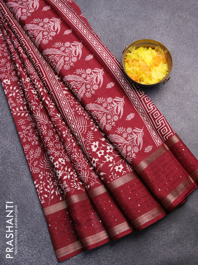 Semi dola saree maroon with allover prints and zari woven sequin work border