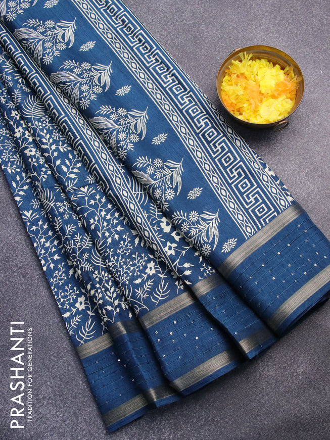Semi dola saree peacock blue with allover prints and zari woven sequin work border