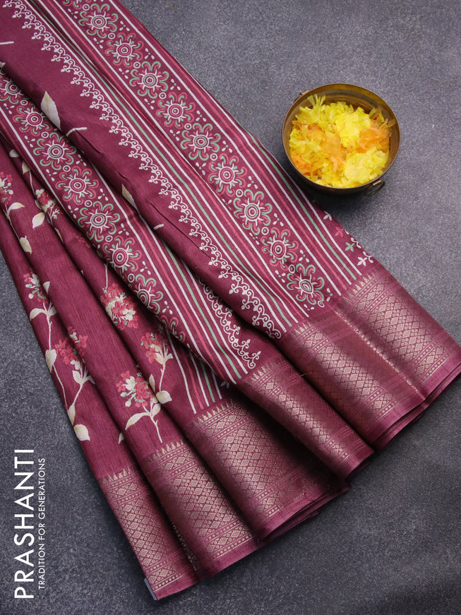Semi dola saree maroon shade with allover floral ptrints and zari woven border