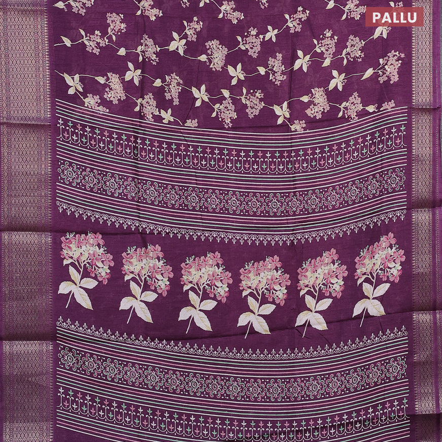 Semi dola saree deep purple with allover floral ptrints and zari woven border