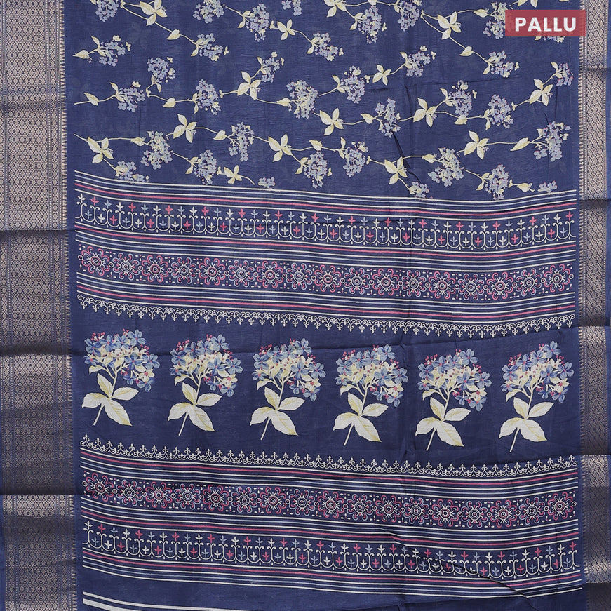 Semi dola saree peacock blue with allover floral ptrints and zari woven border