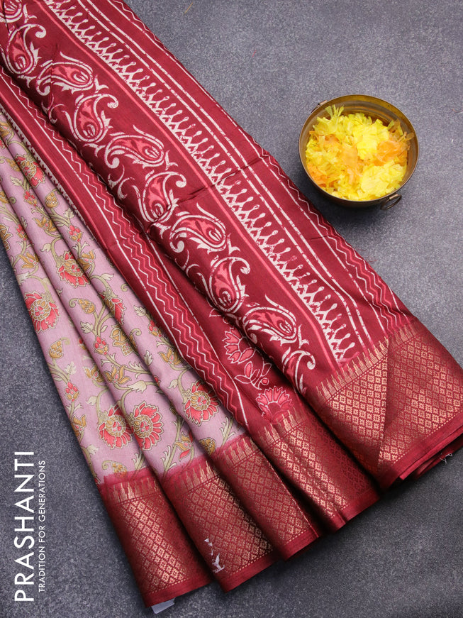 Semi dola saree pastel pink and maroon with allover prints and zari woven border