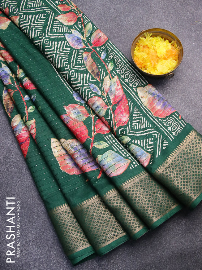 Semi dola saree green with allover leaf prints & sequin work and zari woven border