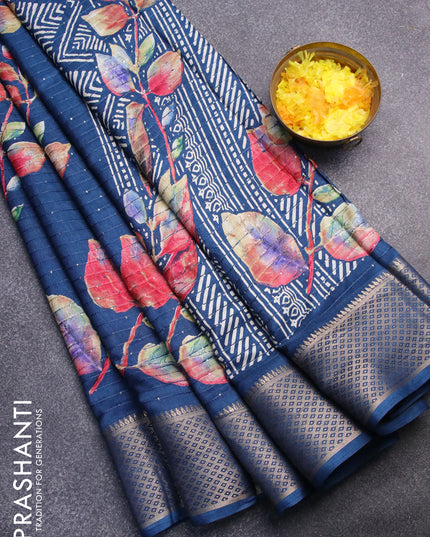 Semi dola saree peacock blue with allover leaf prints & sequin work and zari woven border