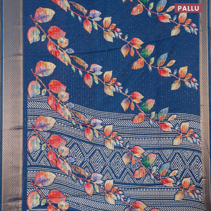 Semi dola saree peacock blue with allover leaf prints & sequin work and zari woven border