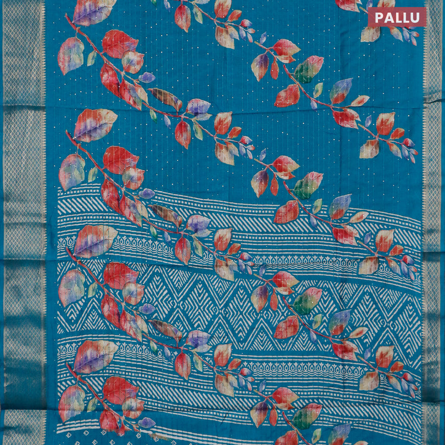 Semi dola saree teal blue with allover leaf prints & sequin work and zari woven border