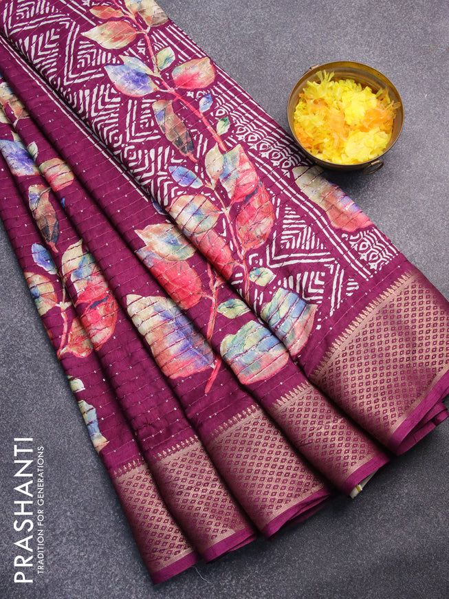 Semi dola saree deep purple with allover leaf prints & sequin work and zari woven border