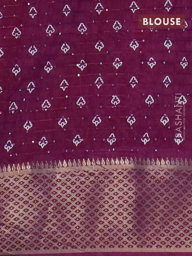 Semi dola saree deep purple with allover leaf prints & sequin work and zari woven border