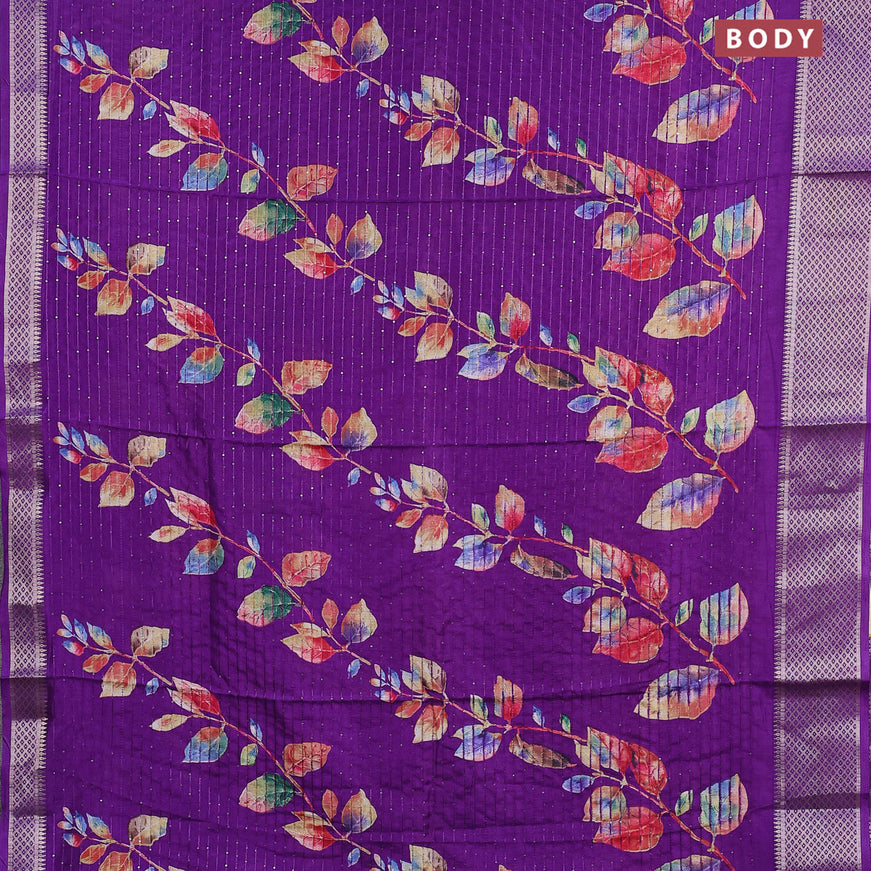 Semi dola saree violet with allover leaf prints & sequin work and zari woven border