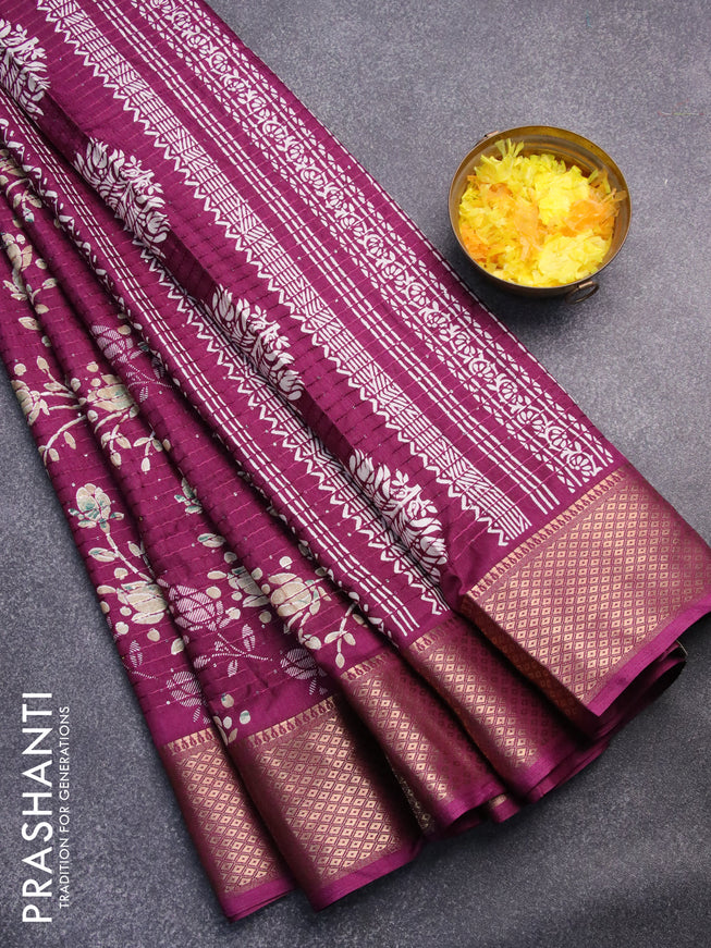 Semi dola saree deep purple with allover floral prints & sequin work and zari woven border
