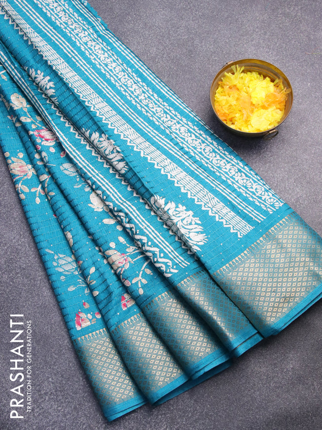 Semi dola saree teal blue with allover floral prints & sequin work and zari woven border