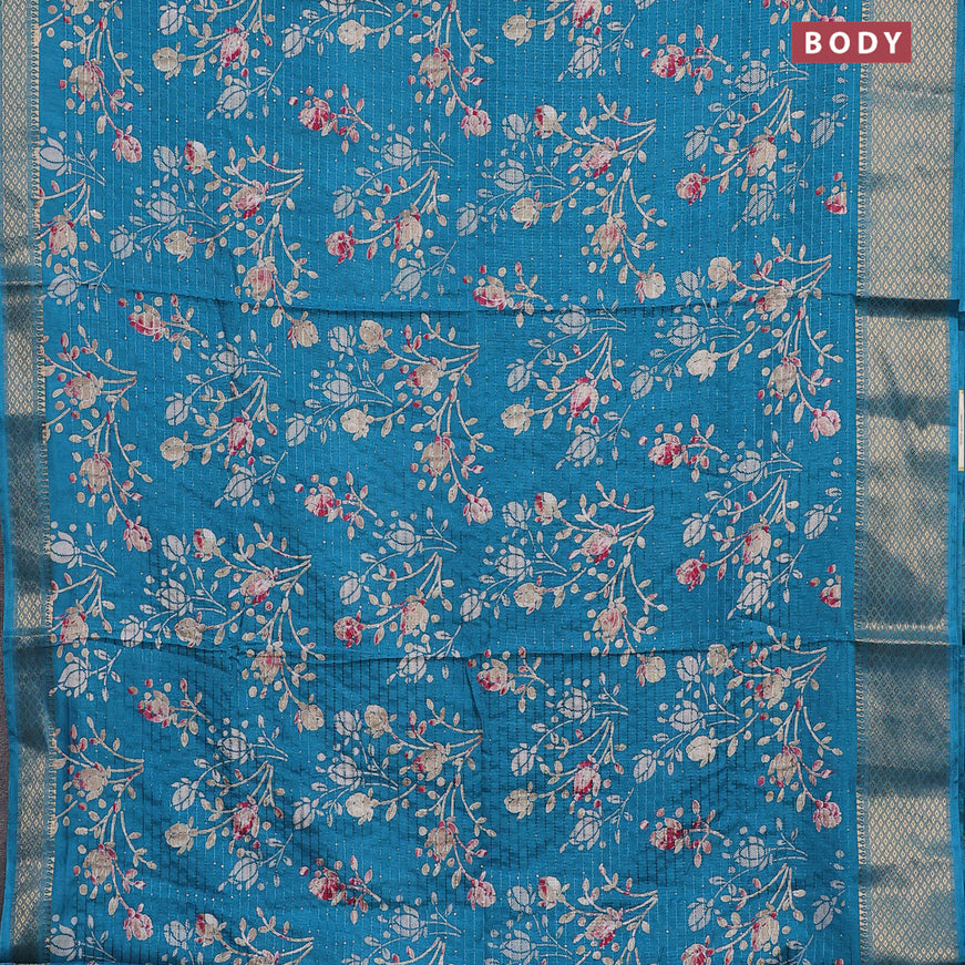 Semi dola saree teal blue with allover floral prints & sequin work and zari woven border