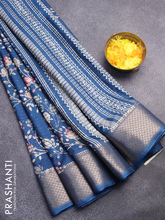 Semi dola saree peacock blue with allover floral prints & sequin work and zari woven border