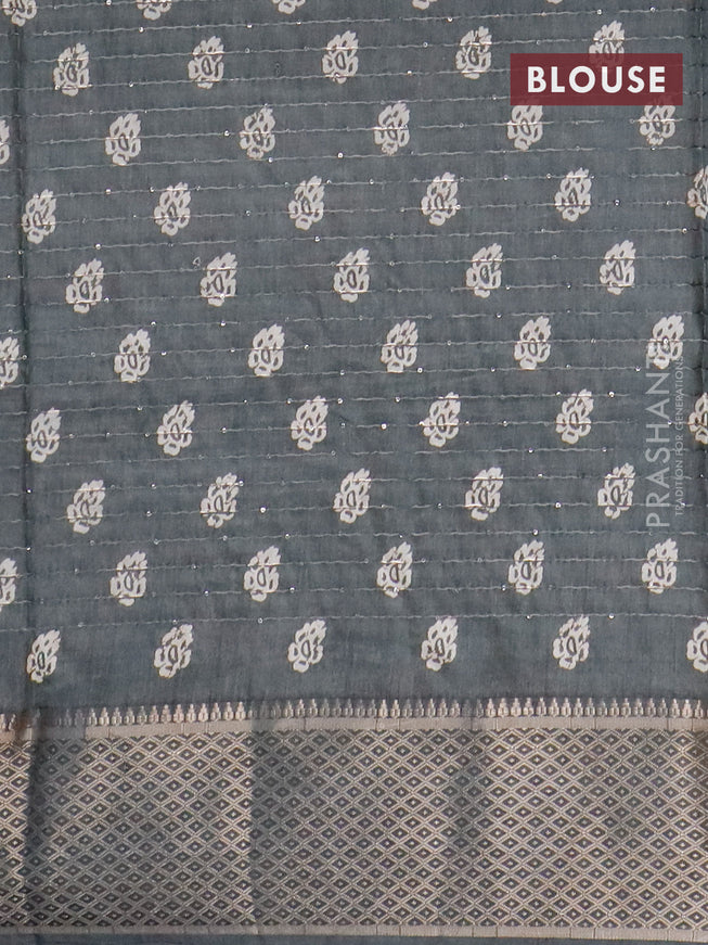 Semi dola saree grey with batik prints & sequin work and zari woven border