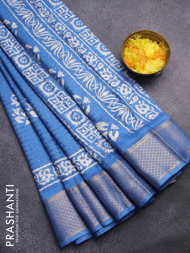 Semi dola saree cs blue with batik prints & sequin work and zari woven border