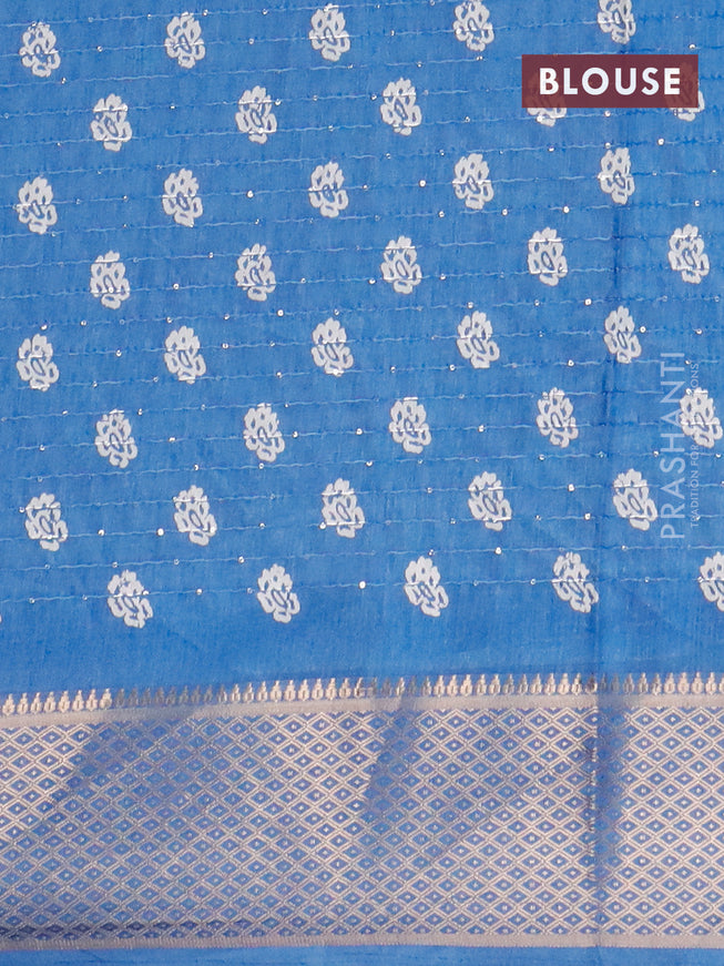 Semi dola saree cs blue with batik prints & sequin work and zari woven border