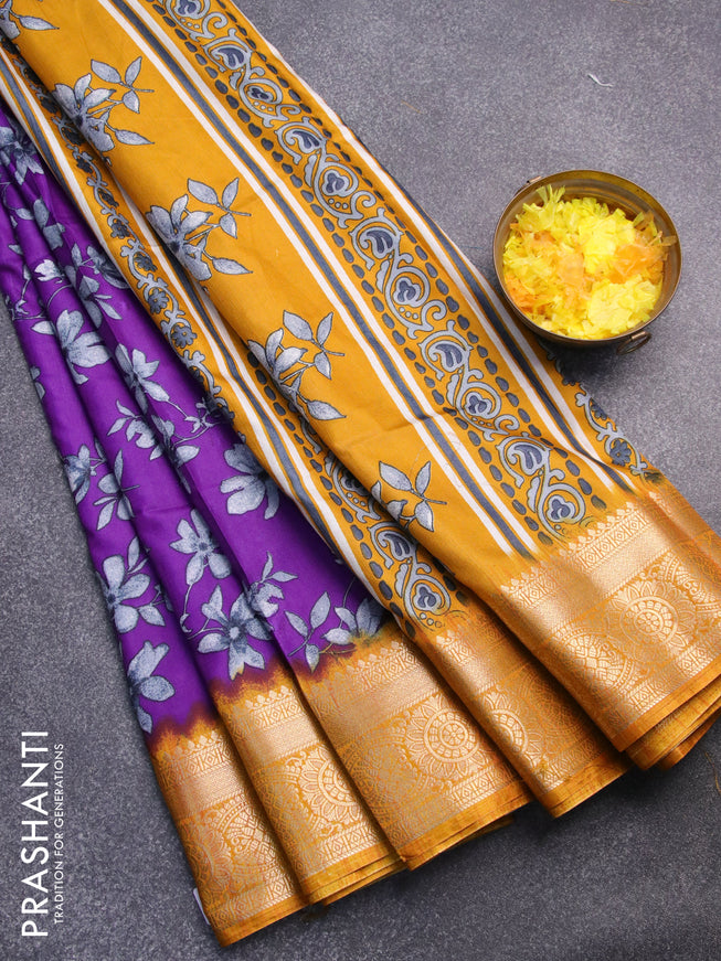 Semi dola saree violet and mustard yellow with allover floral prints and zari woven border