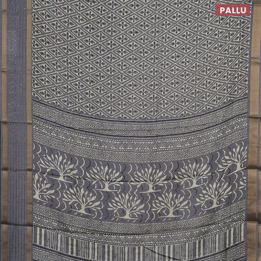 Semi dola saree grey shade with allover prints and zari woven sequin work border
