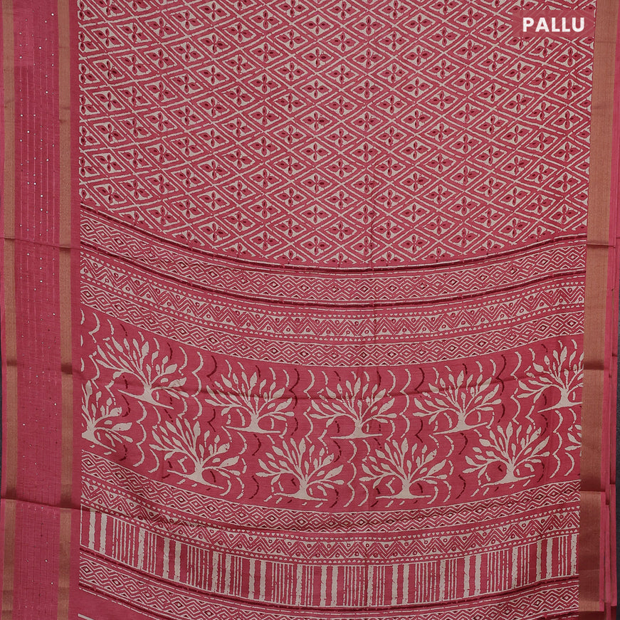 Semi dola saree peach pink with allover prints and zari woven sequin work border