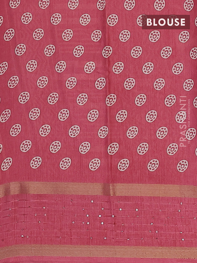Semi dola saree peach pink with allover prints and zari woven sequin work border
