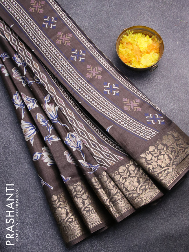 Semi dola saree grey shade with allover floral prints and zari woven border