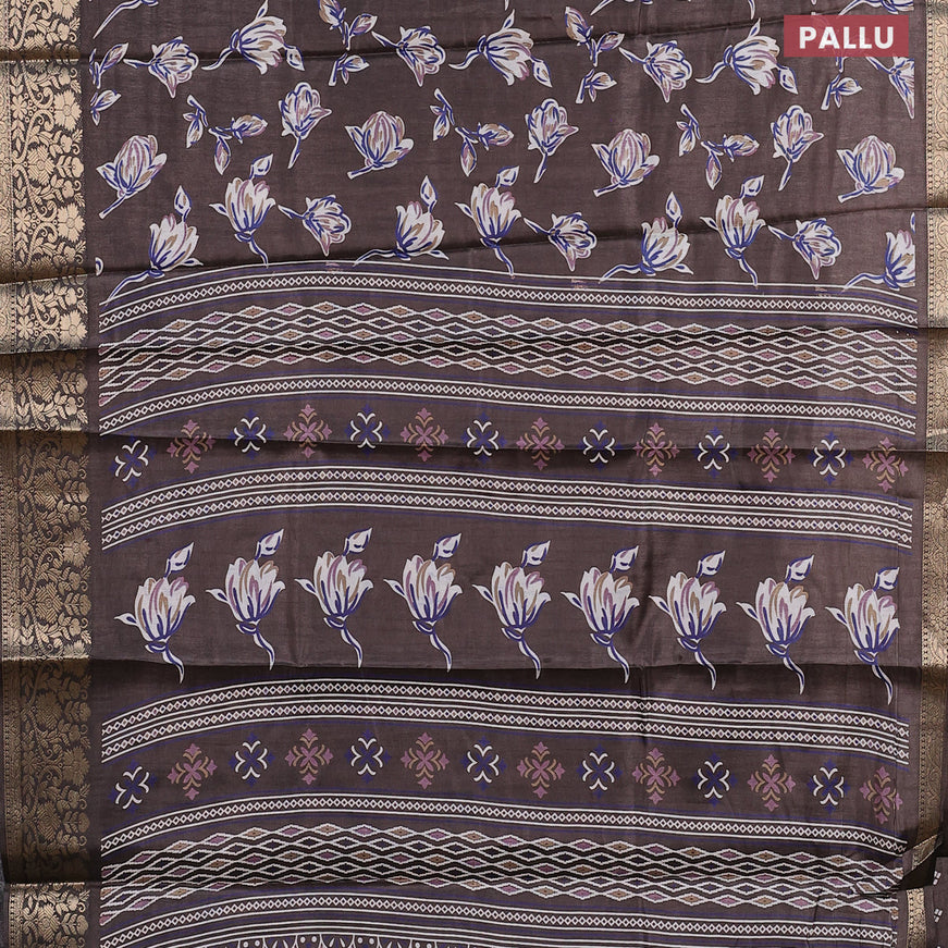 Semi dola saree grey shade with allover floral prints and zari woven border
