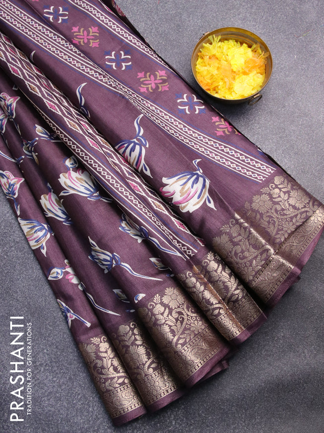 Semi dola saree wine shade with allover floral prints and zari woven border