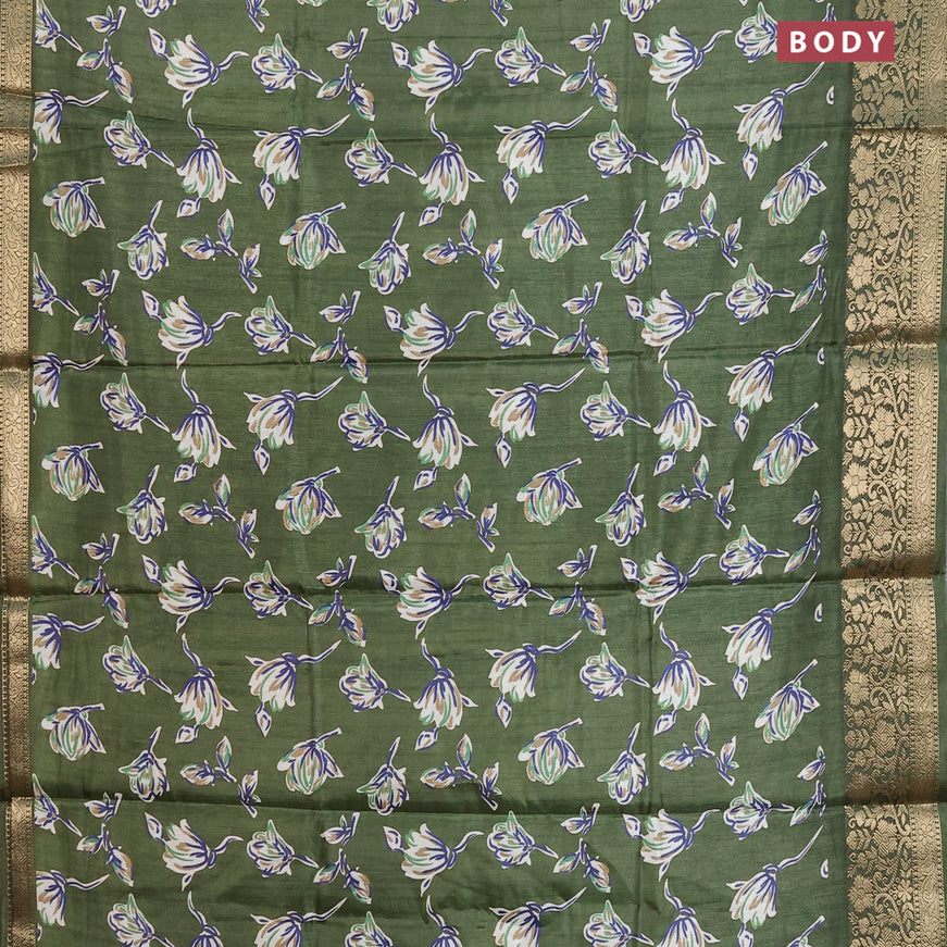 Semi dola saree green with allover floral prints and zari woven border