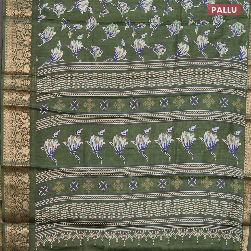 Semi dola saree green with allover floral prints and zari woven border