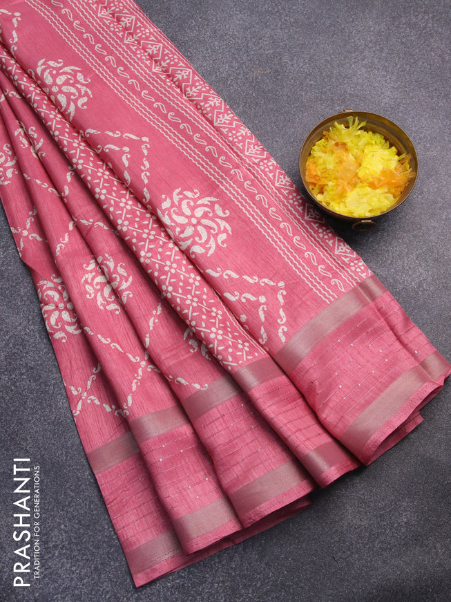Semi dola saree pink with allover batik prints and zari woven sequin work border