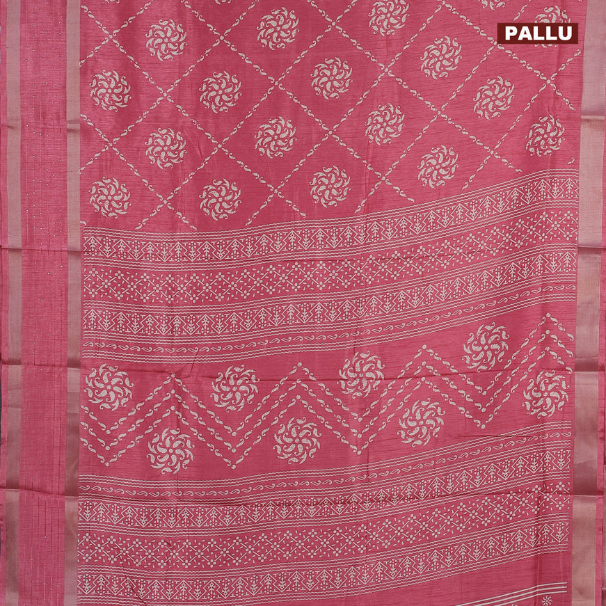 Semi dola saree pink with allover batik prints and zari woven sequin work border